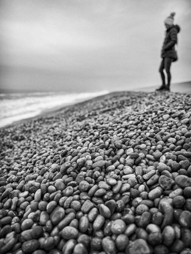Looking along a pebble beach on Portland.